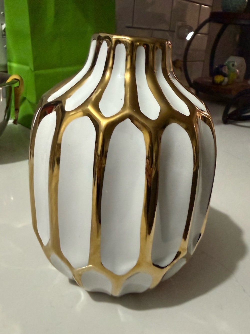 White and Gold Geometric Ceramic Vase